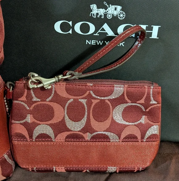 ✨SOLD✨Coach SET Signature Jacquard Red Metallic Stripe Tote Wristlet Wallet Y2K - Picture 4 of 14